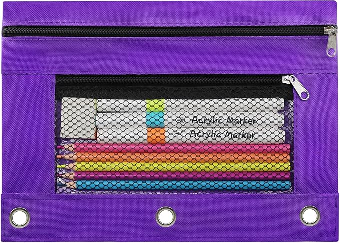 3 Ring Pencil Pouch for Binder, 2-Pocket Zipper Pencil Case with Clear Window & Mesh Pocket, Heavy Duty 600D Oxford Fabric Binder Pouch for School Office Supplies, Fits Standard 3-Ring Binders, Purple