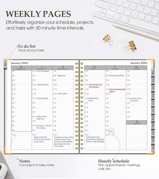 2026 Planner, Weekly and Monthly Calendar Planner from January 2026 - December 2026, 8.5" x 11" Hardcover Leather Hourly Appointment Book with Tabs, Spiral Daily Planners for School Work Home, Green