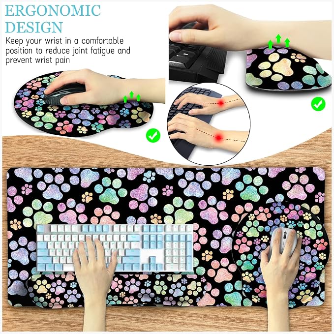 LIMKRIAN Dog Paw Mouse Pad Set XXL Large Desk Mat Pad, Cute Office Decor | Ergonomic Mousepad Wrist Rest, Computer Keyboard Mat, Wrist Support, Coaster, Home Office Supplies Desk Decor Accessories