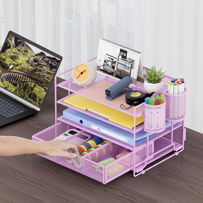 Marbrasse Desk Organizer and Accessories, 4-Tier Paper File Letter Tray Accessories & Workspace Desk Organizers with Drawer and 2 Pen Holders for School Home Office Supplies (Purple) 2Pack
