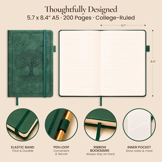 Lined Journal Notebook Hardcover Leather Bound 200 Pages A5 Green Diary | College Ruled 5.7x8.4" Journaling Notebooks for Men & Women, Writing for Personal, Small Travel Daily Note Book Tree of Life