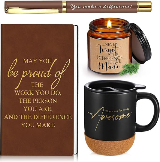 Sayglossy 4 Pcs Thank You Gifts Set for Men Back to School Teacher Appreciation Gift Leather Notebook Inspirational Coffee Mug Scented Candle Ballpoint Pen for Male Employee Coworker Nurse Boss, Brown