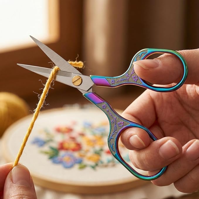 Rainbow Iridescent Scissors for Lace Wigs, 5 Inch Vintage Sharp Embroidery Snips for Needlepoint, Beautiful Metal Sewing Scissors for Fabric & Crafts, Ornate Pattern Scissors with Leather Sheath
