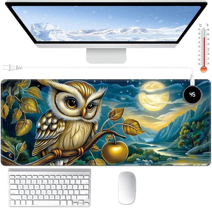 Heated Desk Pad Large Mouse Pad 31.5 x 13 inch with 3 Levels Heating & Auto Shut-Off Warm Mouse pad PU Leather Computer Mousepad for Home Office Work - Owl Moon