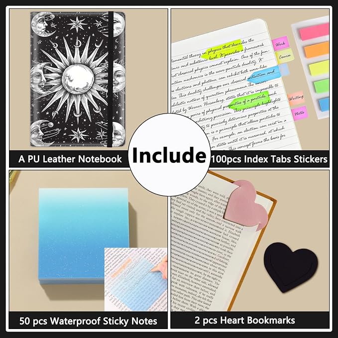A5 Leather Lined Journal Notebook, 200 Pages Hardcover Executive Notebook for Office School Note Taking, Thick Writing Paper Daily Journal with Bookmarks/Indexes, Black and White Sun Moon