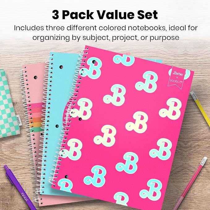 Yoobi Barbie X College Ruled Spiral Notebook Set – 3-Pack of 1 Subject Notebooks, Pink, Blue & Peach Barbie Designs – 100 Perforated 3-Hole Punched Sheets – 10.5” x 8”