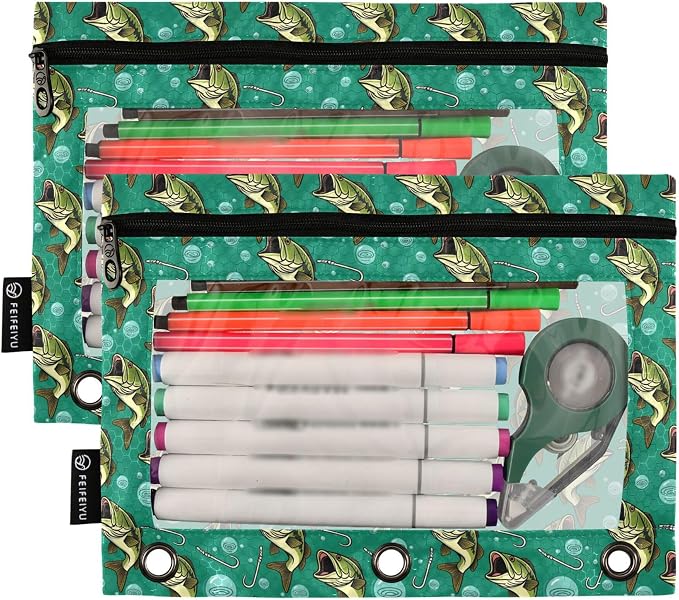 Deep Sea Fish Binder Pouches 3 Ring for Boys Girls School Office College Supplies Ocean Theme Fishman Pencil Pouches Case Bag with Clear Window and Zipper 2 Pack