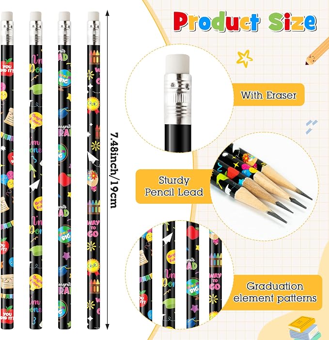 Xqumoi 60Pcs Kindergarten Graduation Pencils with Eraser - Grad Cap Diploma Themed #2 HB Pencils, Preschool Graduation Stationery Student Classroom Rewards Goodie Bag Fillers Party Favors