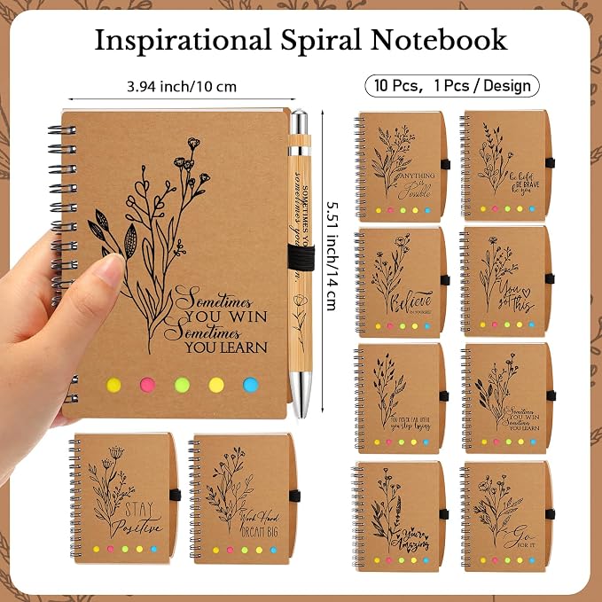 Watersay 10 Set First Day of School Gift for Teacher Students Bulk Inspirational Notebooks with Thank You Pens Back to School Employee Coworkers Staff Appreciation Gifts (Boho Froal)