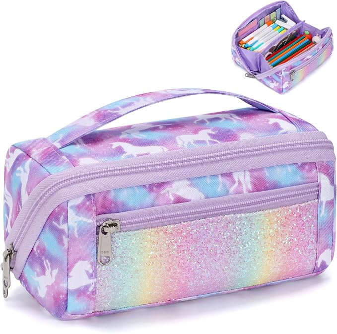 Large Pencil Case for Girls - Aesthetic Pencil Pouch for School | Kids Pencil Case & Wide Handle, Water Resistent Organizer, Box Fits 50 Pens & Markers, Daily Use, Purple Unicorn