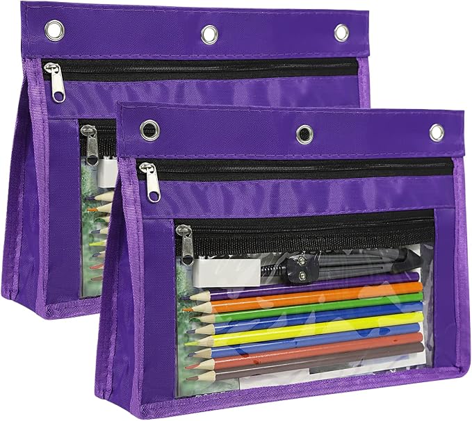 YoeeJob 2 Pack 1 Inch Expandable Zipper Pencil Pouches with Clear Window for 3 Ring Binder, Suitable for School & Office (Purplek)