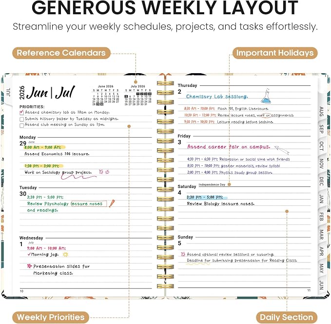 Planner 2026-2027, Academic Year Monthly and Weekly Calendar Planner, Jul 2026 - Jun 2027, Hardcover Teacher Student Planning Agenda book with Tabs, Perfect for School Office Supplies, 6.3" x 8.5" - Mushrooms Grove