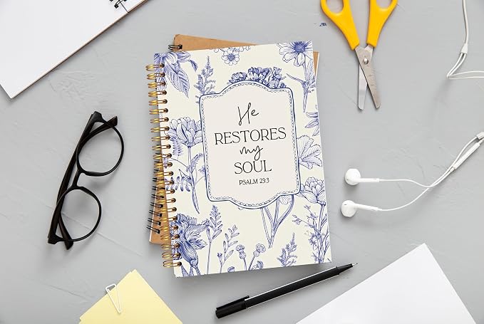 Christian Notebook for Women, Christian Gifts Journal, Prayer Journal for Women, Bible Journaling Notebook, PSALM 23:3 He Restores My Soul Floral Spiral Notebook 5.5x8.3
