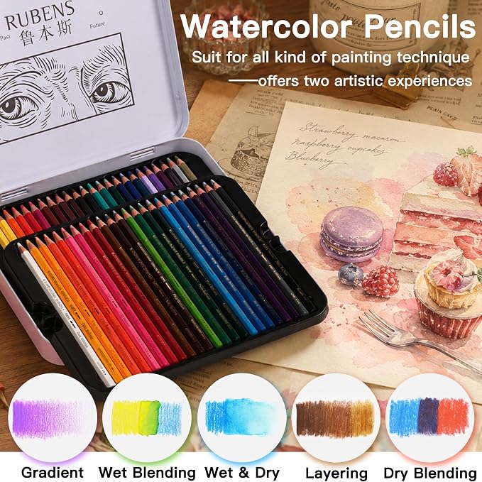 rubens Watercolor Pencils Sets, 48 Counts Soft Core Colored Pencils, Professional Artist Watercolor Pencils, Water Soluble Colors Pencils In A Metal Box for Adult Coloring, Drawing, Sketching