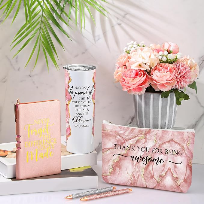 Domensi 6 Pcs Employee Appreciation Gift Set for Women Female Thank You Gift May You Be Proud 20 oz Rustic Marble Sign Tumbler Makeup Bag Journal for Boss Teacher Work Business(Pink)