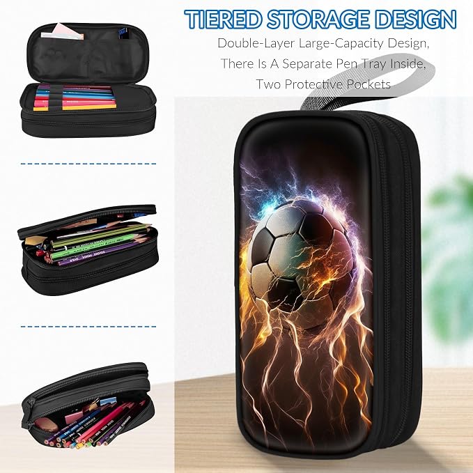 TILYTADLY Large Pencil Case for Boys - Soccer Boys Pencil Pouch with Zipper Compartments - Big Capacity Pen Box Pen Bag Organizer with Keychain for Kids Teens School
