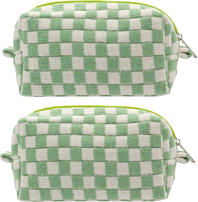 Checkered Makeup Bag for Purse, Small Cosmetic Pouch,Light Green,2 Pack | Cute Zipper Makeup Organizer for Women, Travel Essentials, Toiletries, Makeup Brushes, Beauty Accessories&Bridesmaid Gifts