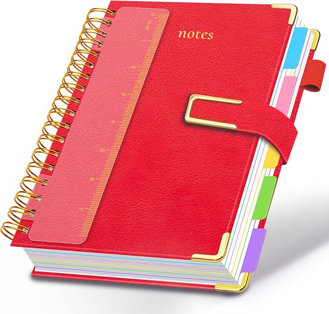 Hardcover Spiral Notebook College Ruled, 6.2"x 8.2" Leather Journal Notebook with Magnetic Closure, 300 Pages 5 Subject Notebook with Dividers Tabs Journal for Women Men, Work, School(Red)