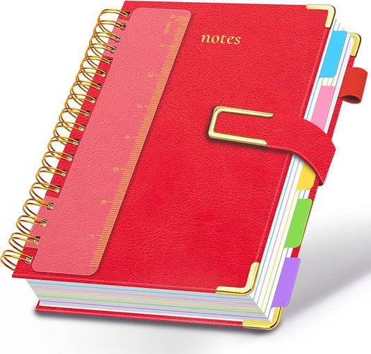 Hardcover Spiral Notebook College Ruled, 6.2"x 8.2" Leather Journal Notebook with Magnetic Closure, 300 Pages 5 Subject Notebook with Dividers Tabs Journal for Women Men, Work, School(Red)