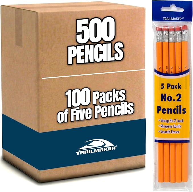 Trail maker Wood Cased #2 HB Pencils - 500 Unsharpened Yellow Pencils in Bulk for School, Office (100 5-Packs)