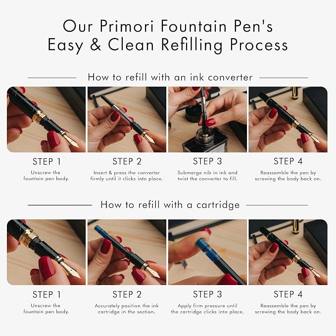 Wordsworth & Black Primori Luxury Fountain Pen Set for Writing, Medium Nib | Black Gold, Gift for Men Women, Metal Body, 18K German Iridium, Calligraphy, Converter + 24 Ink Cartridges, Refillable