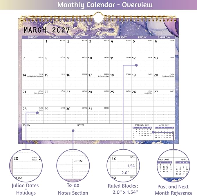 Wall Calendar 2026-2028 – 2 Year Calendar 2026-2028, May 2026 – Apr 2028, 14.57 x 11.42 In, 2026 Calendar 24 Months, Monthly Calendar 2026, with Ruled Blocks, Thick Paper, Holidays, To-do List ＆ Notes