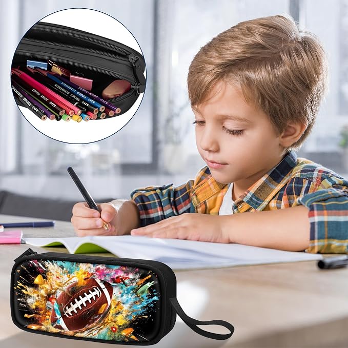 TILYTADLY Large Pencil Case for Boys - American Football Boys Pencil Pouch with Zipper Compartments - Big Capacity Pen Box Pen Bag Organizer with Keychain for Kids Teens School