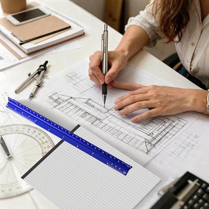 Nicpro 16PCS Drafting Tool Geometry Set with 12'' Architectural Scale Ruler | Complete Geometry Drawing Kit, Mechanical Pencils 0.5, 0.7, 0.9 & 2mm, Lead Refills, Graph Paper, for Engineers Students