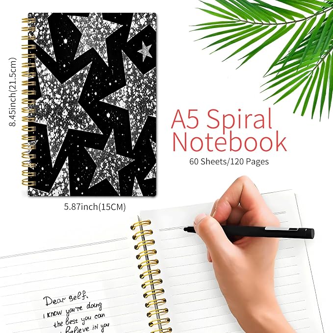 KZYVFNPQ Spiral Journal Notebook for Women Men, A5 Cute Hardcover Lined Notebook with Strong Binding,College Ruled Notebook for Office Work Writing(Star Black White Speckled)