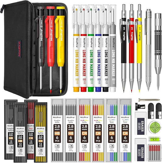 Nicpro 39 Pack Carpenter Pencils with Sharpener, Mechanical Carpenter Pencil Set with 102 Refills, Long Nib Marker Pens, Carbide Scribe Tool & Construction Pencils for Architect Woodworking with Case