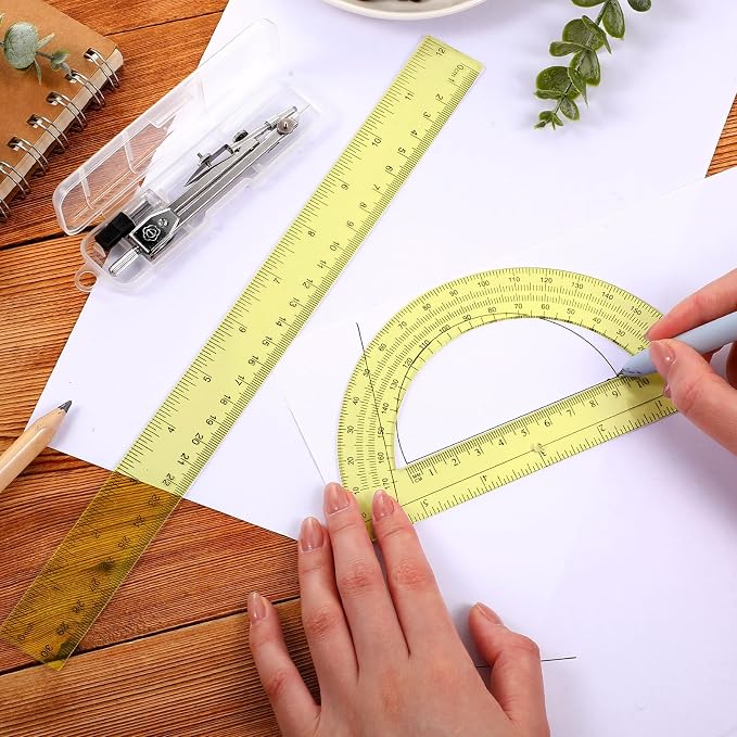 Zonon 3 Pcs Plastic Ruler 6 Inch Protractor Drawing Compass Set, Student Geometry Math Transparent Measuring Tools for Home School Classroom Office Supplies(12 Inch,Yellow)
