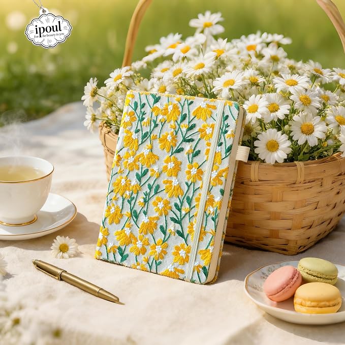 Daisy Gift, Flower Journal, Embroidered Notebook, Beautiful Journals for Women, 8"x6", Hardcover, Lay Flat, A5, Lined Paper, Wide Ruled Page, Writing Journal, Yellow Daisy, with Elastic Band