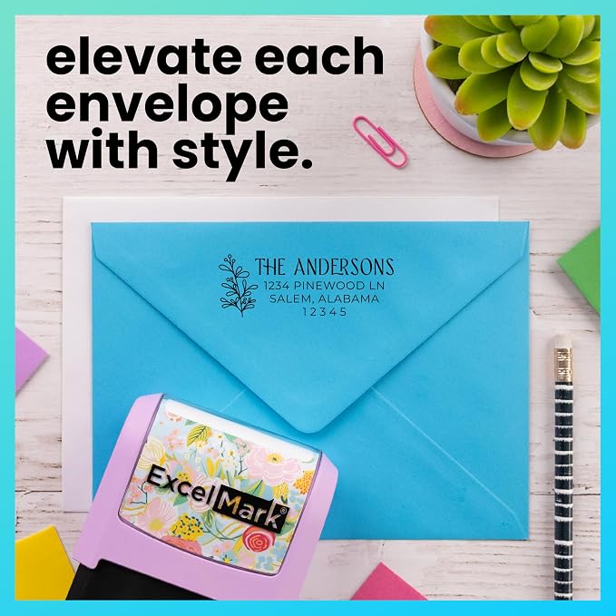 ExcelMark Address Stamp - Custom Return Address Stamp with Elegant Designs, Vibrant Colors & Patterns – Perfect for Mail, Invitations & Gifts (Peach, Foliage Edge)