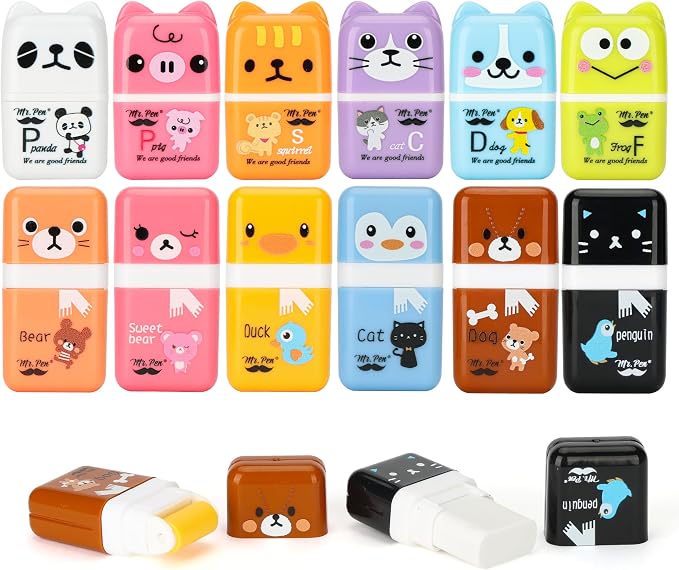 Mr. Pen- Cute Animal Eraser with Clean Up Roller and Cover, 12 Pack, Latex-Free, Rubber Pencil Erasers with Collector Rollers for Teens & Kids, Teacher, Classroom, School Supplies, Party Favor