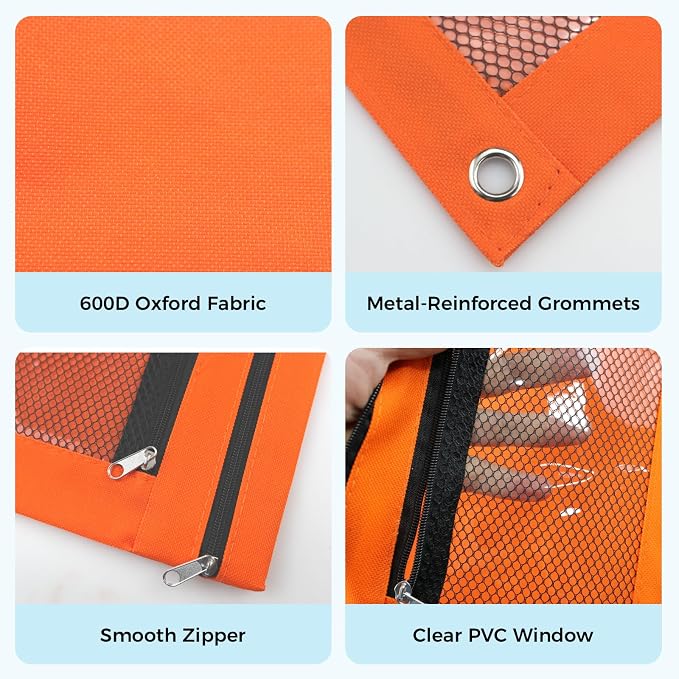 Pencil Pouch for 3 Ring Binder, Pencil Case Bag with Zipper, 600D Fabric Pencil Pouch Holder Accessories, Clear Window Pencil Case Aesthetic Back to School Organizer Pockets for Boy Girl (Orange)