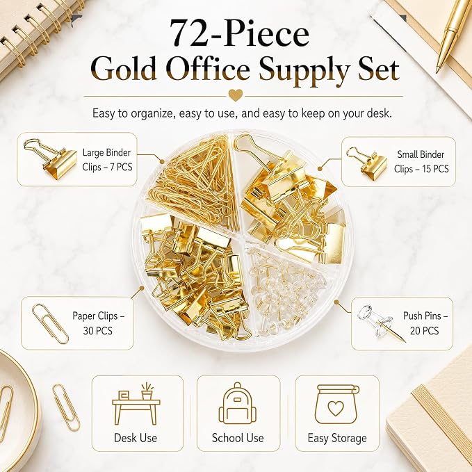 Gold Paper Binder and Clips Set, Metal Assorted Sized Binders with Push Pins, Cute Office Supplies, Teacher Desk Must Haves, Desk Accessories