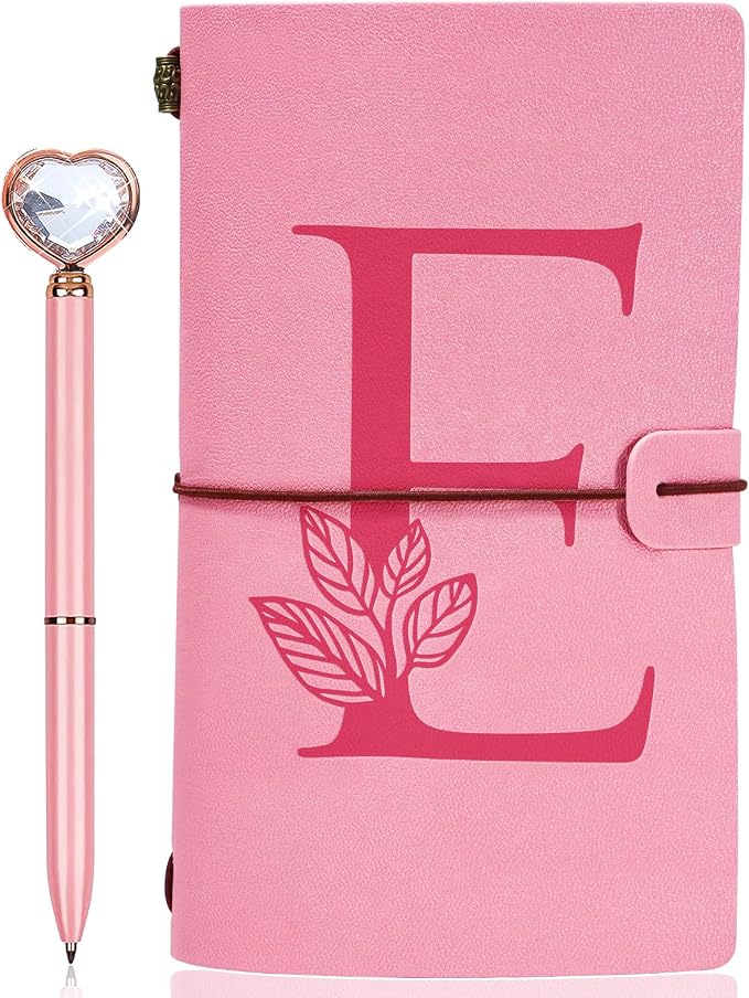 Personalized Journal Gift-Pink Initial Leather Journal+Heart Diamond Pen Set,Travel Notebook Diary Gifts,Refillable Notepads,Christmas,Birthday Gifts for Women Girls (7.9"x4.7") (E)