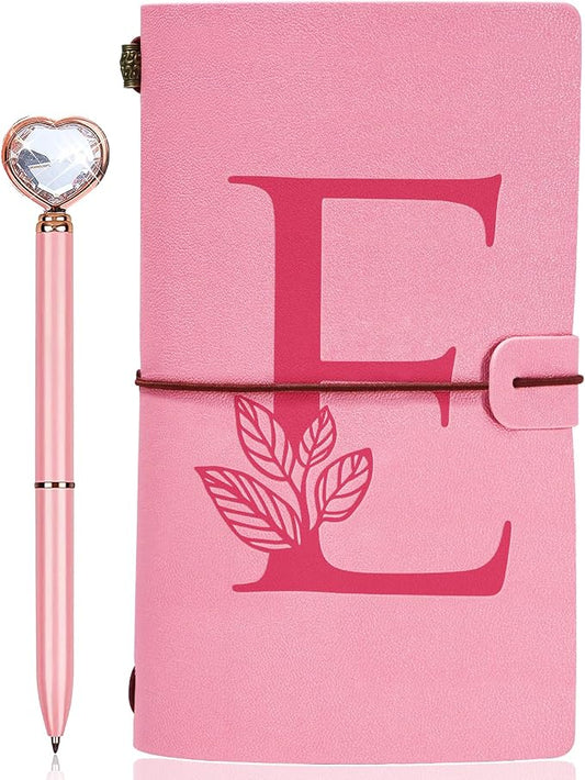 Personalized Journal Gift-Pink Initial Leather Journal+Heart Diamond Pen Set,Travel Notebook Diary Gifts,Refillable Notepads,Christmas,Birthday Gifts for Women Girls (7.9"x4.7") (E)