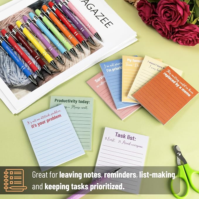 Mr. Pen- Sarcastic Sticky Notes and Funny Stylus Pens, 20 Pack | 3" x 4" Sticky Notes, 8 Pads, 240 Sheets, 12 Black Ink Funny Pens with Stylus Tips for Reminders