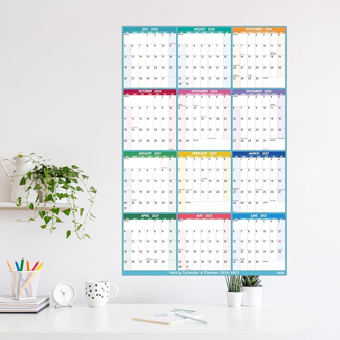 Yearly Wall Calendar 2026-2027 - Large Yearly Calendar Vertical, Jul 2026 - Jun 2027, 25.2" x 38.2" (Open), Calendar 2026-2027, Large Wall Calendar, Full Year Paper Calendar with Notes, Thicker Paper