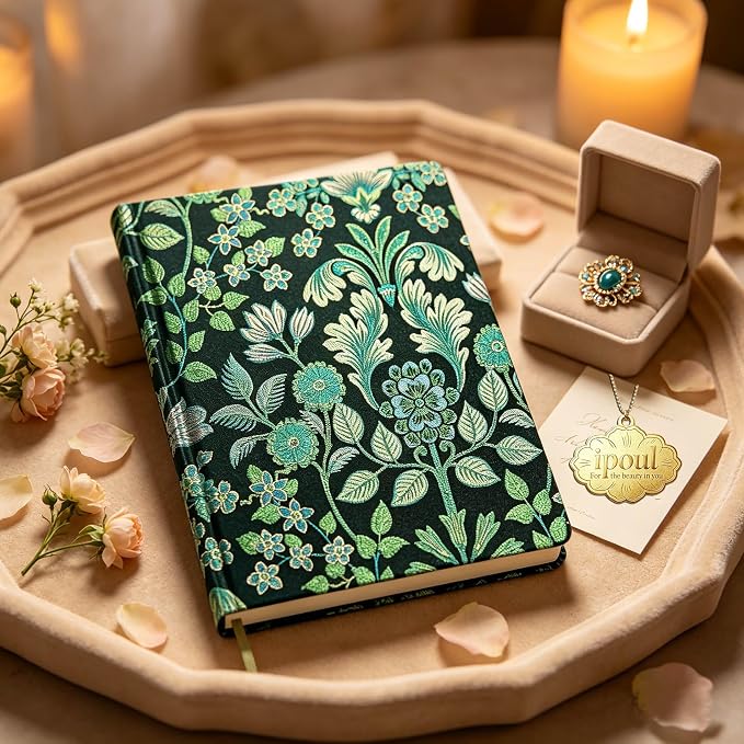 ipoul Flower Journal, Pretty Notebook for Women, Hardcover, Lay Flat, A5, 6x8, Lined Paper, Ruled Page, Birthday Gifts for Mom, Grandma, Wife, Writing Notebook, Church Notes Journal, Green