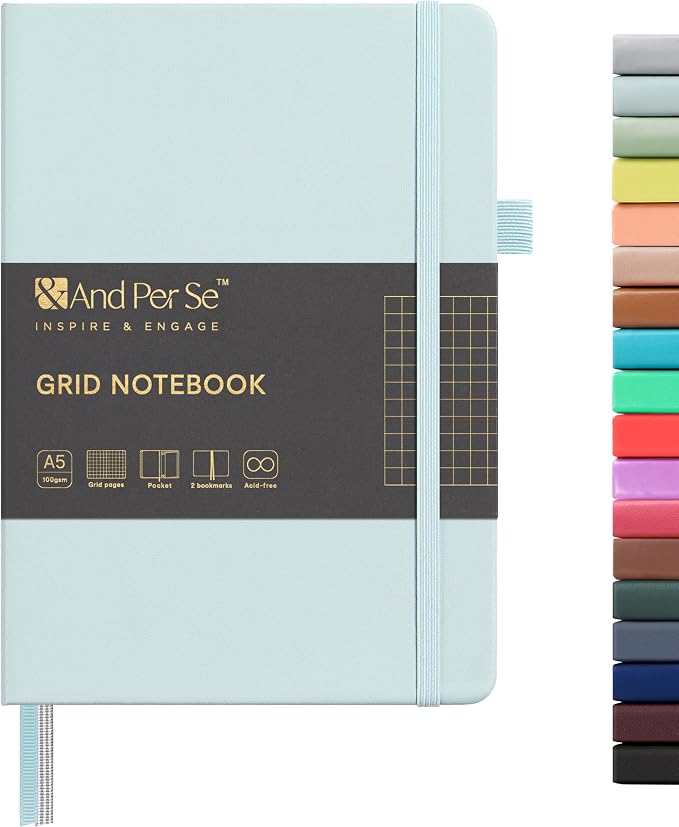 &And Per Se Graph Notebook, 5mm Grid, A5 Hardcover, 160 Pages 100gsm Thick Paper, Grid Journal for Diagrams, Wireframes, CAD Sketches (Cyan)