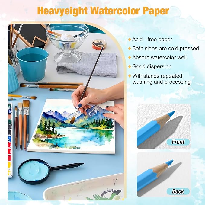 Creazic Watercolor Paper Pad 8.5"x11" (140lb/300gsm) - Acid-Free Art Pad | Cold-Pressed Heavyweight Sketchbook for Artists, Kids & Adults - Great for Watercolors, Mixed Media & Craft Projects (Blue)