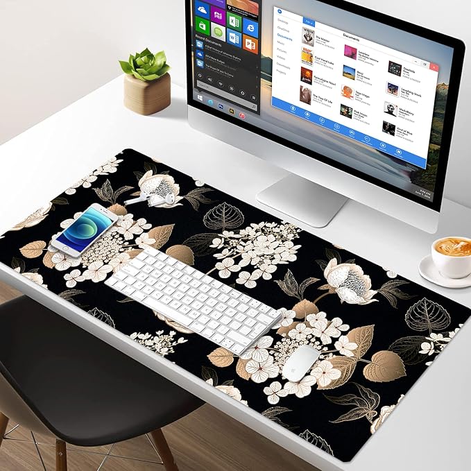 Large Desk Mat, Dual Side PU Leather Waterproof Mousepad Desk Pad, Desk Protector Writing Pads Desk Accessories for Office and Home (C-Black Gold Flower, 35.5''X15.8'')