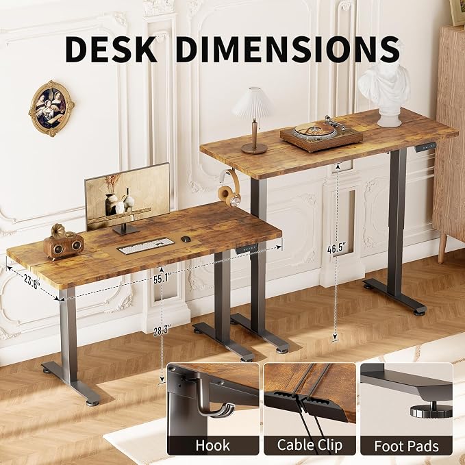Veken 55 Inch Large Electric Standing Desk, Gaming Table, Brown | Height Adjustable Sit Stand Up Computer Tables for Home Office, Study , Writing, Suit students, employees and group work