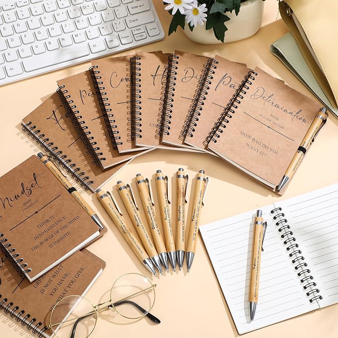 TecUnite 10 Sets Inspirational Spiral Notebooks with Motivational Bamboo Pens, Employee Appreciation Gift for Coworker Team Staff Teachers Students, Thank You Gift Notepad Journal Bulk (Brown)