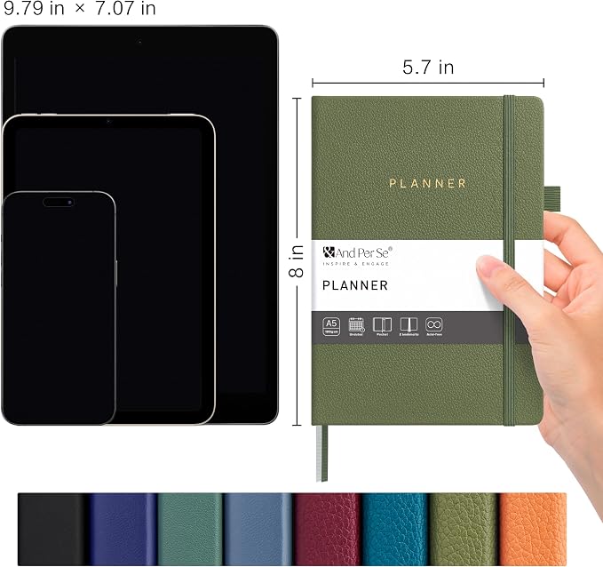 And Per Se Undated Academic Planner, Weekly & Monthly Planner with Goal & Habit Tracker, A5 Hardcover, Olive Green
