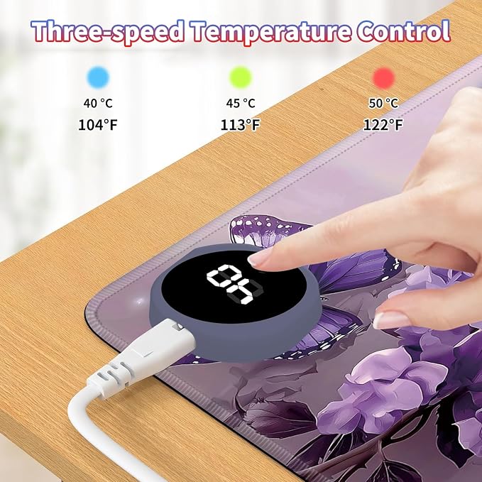 Heated Desk Pad Large Mouse Pad 23.6 x 14.1 inch with 3 Levels Heating & Auto Shut-Off Warm Mouse pad PU Leather Computer Mousepad for Home Office Work - Purple Roses and Butterflies