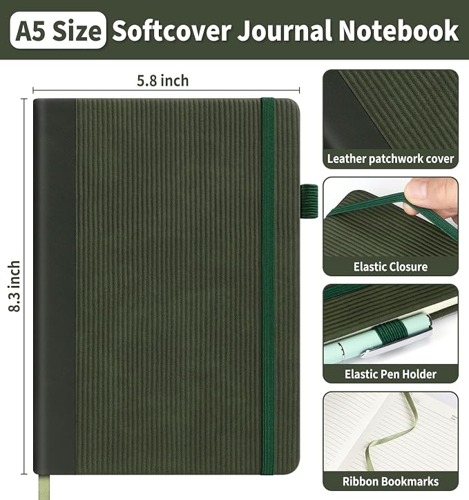Lined Journal Notebook, A5 Vegan Leather College Ruled Notebook for Women Men, Daily Journaling Notebook 192 Pages for Work, School, Business, Travel, Note Taking(Dark Green)