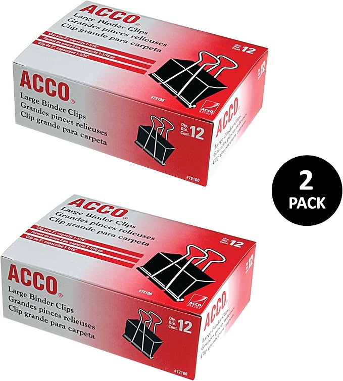 ACCO Binder Clips, Large, 2 Boxes, 12 Clips/Box (72102)